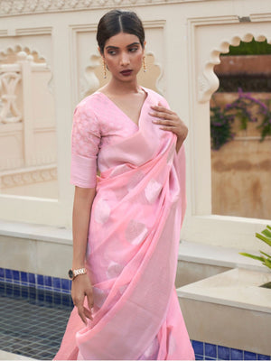 Rajwada Light Pink Woven Design Linen Saree With Unstitched Blouse For Women