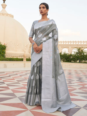 Rajwada Grey Woven Design Linen Saree With Unstitched Blouse For Women