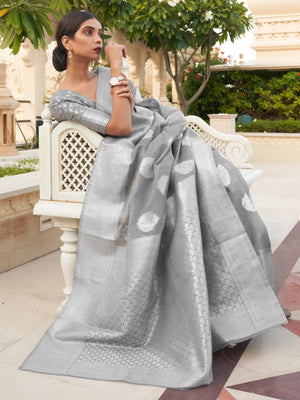 Rajwada Grey Woven Design Linen Saree With Unstitched Blouse For Women