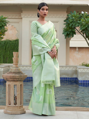 Rajwada Light Green Woven Design Linen Saree With Unstitched Blouse For Women