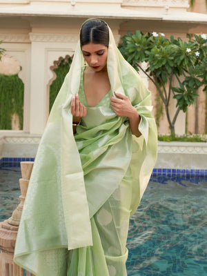 Rajwada Light Green Woven Design Linen Saree With Unstitched Blouse For Women