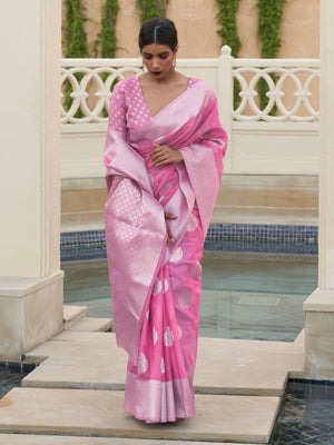 Rajwada Pink Woven Design Linen Saree With Unstitched Blouse For Women