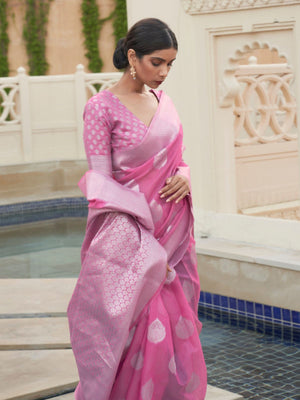 Rajwada Pink Woven Design Linen Saree With Unstitched Blouse For Women