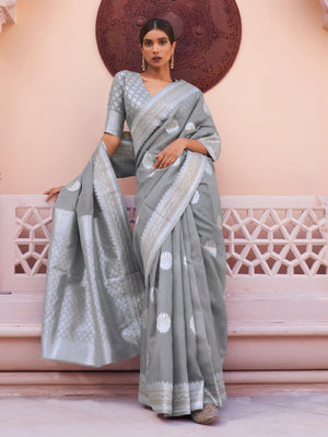 Rajwada Grey Woven Design Linen Saree With Unstitched Blouse For Women