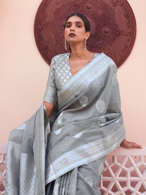 Rajwada Grey Woven Design Linen Saree With Unstitched Blouse For Women