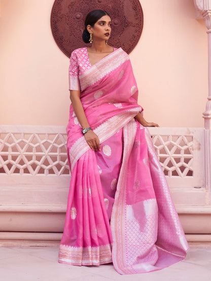 Rajwada Pink Woven Design Linen Saree With Unstitched Blouse For Women