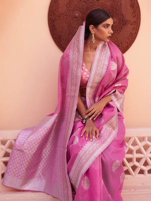 Rajwada Pink Woven Design Linen Saree With Unstitched Blouse For Women