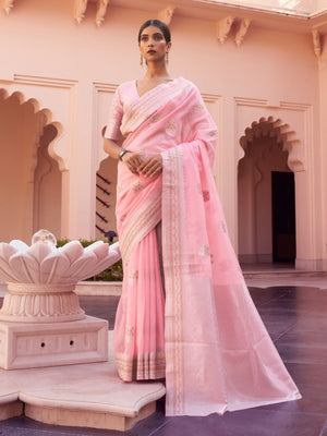 Rajwada Light Pink Woven Design Linen Saree With Unstitched Blouse For Women