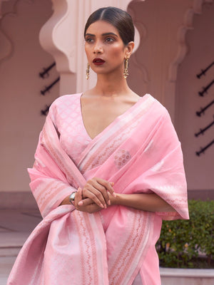 Rajwada Light Pink Woven Design Linen Saree With Unstitched Blouse For Women