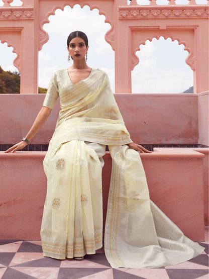 Rajwada Cream Woven Design Linen Saree With Unstitched Blouse For Women