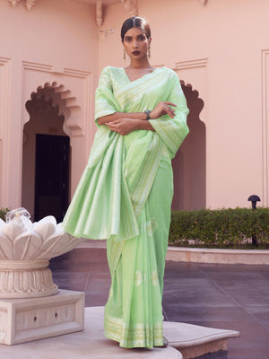 Rajwada Light Green Woven Design Linen Saree With Unstitched Blouse For Women