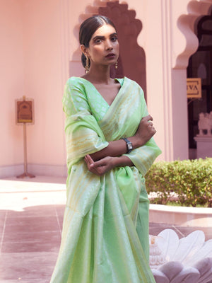 Rajwada Light Green Woven Design Linen Saree With Unstitched Blouse For Women