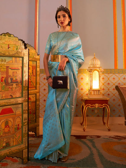 Rajwada Blue Woven Design Silk Blend Saree With Unstitched Blouse For Women