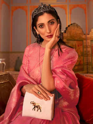 Rajwada Pink Woven Design Silk Blend Saree With Unstitched Blouse For Women