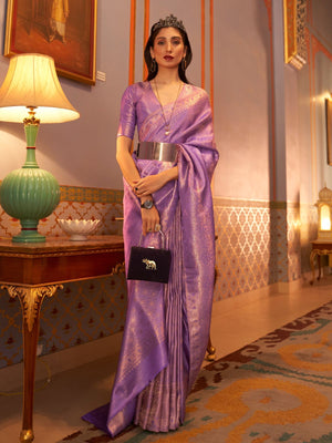 Rajwada Purple Woven Design Silk Blend Saree With Unstitched Blouse For Women