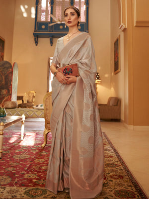 Rajwada Grey Woven Design Silk Blend Saree With Unstitched Blouse For Women
