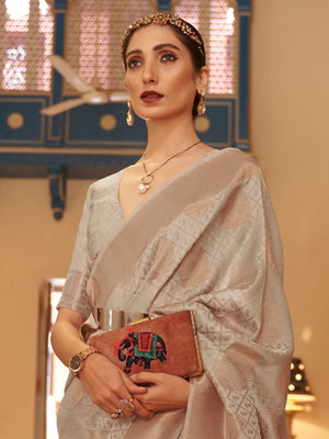Rajwada Grey Woven Design Silk Blend Saree With Unstitched Blouse For Women