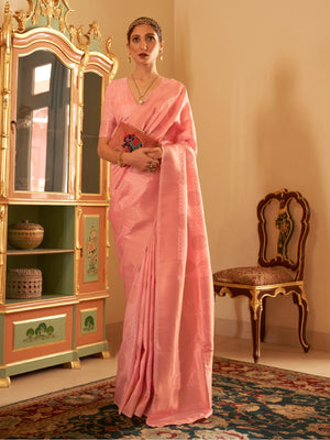 Rajwada Peach Woven Design Silk Blend Saree With Unstitched Blouse For Women
