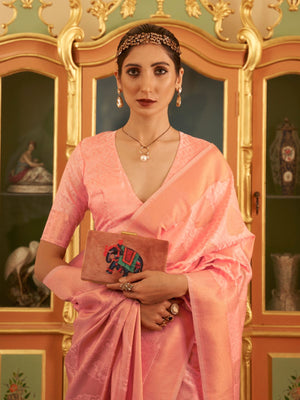 Rajwada Peach Woven Design Silk Blend Saree With Unstitched Blouse For Women