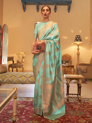 Rajwada Sea Green Woven Design Silk Blend Saree With Unstitched Blouse For Women