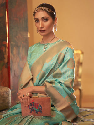Rajwada Sea Green Woven Design Silk Blend Saree With Unstitched Blouse For Women