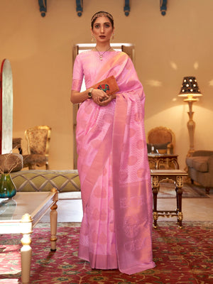 Rajwada Pink Woven Design Silk Blend Saree With Unstitched Blouse For Women