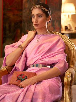 Rajwada Pink Woven Design Silk Blend Saree With Unstitched Blouse For Women