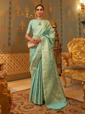 Rajwada Sea Green Woven Design Silk Blend Saree With Unstitched Blouse For Women