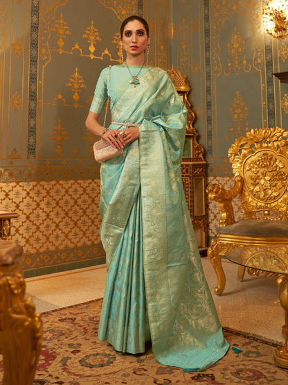 Rajwada Sea Green Woven Design Silk Blend Saree With Unstitched Blouse For Women