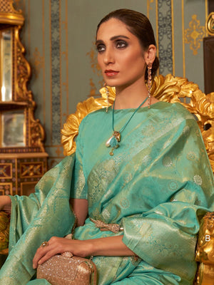Rajwada Sea Green Woven Design Silk Blend Saree With Unstitched Blouse For Women