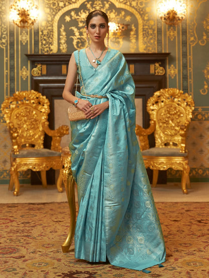 Rajwada Blue Woven Design Silk Blend Saree With Unstitched Blouse For Women