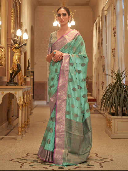 Rajwada Sea Green Woven Design Silk Blend Saree With Unstitched Blouse For Women