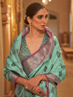 Rajwada Sea Green Woven Design Silk Blend Saree With Unstitched Blouse For Women