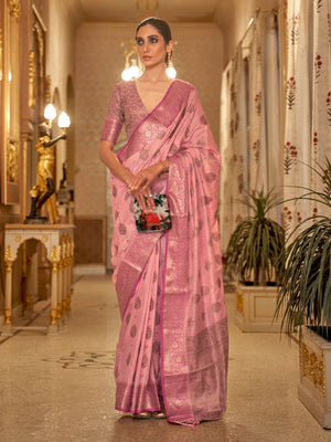 Rajwada Pink Woven Design Silk Blend Saree With Unstitched Blouse For Women
