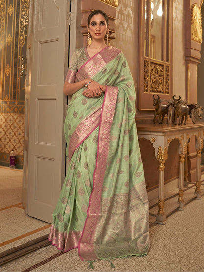 Rajwada Light Green Woven Design Silk Blend Saree With Unstitched Blouse For Women