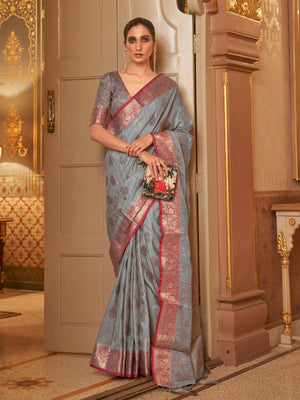 Rajwada Grey Woven Design Silk Blend Saree With Unstitched Blouse For Women