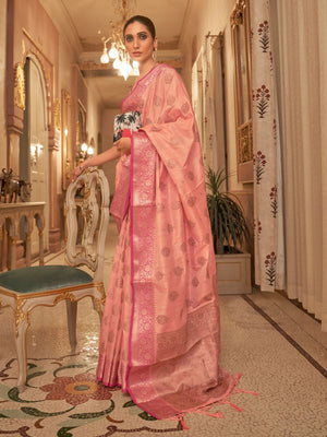 Rajwada Peach Woven Design Silk Blend Saree With Unstitched Blouse For Women