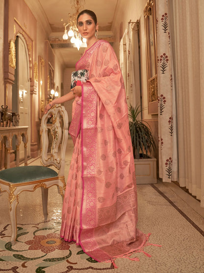 Rajwada Peach Woven Design Silk Blend Saree With Unstitched Blouse For Women