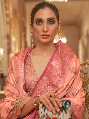 Rajwada Peach Woven Design Silk Blend Saree With Unstitched Blouse For Women