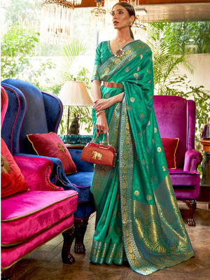 Rajwada Green Woven Design Silk Blend Saree With Unstitched Blouse For Women