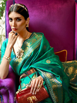 Rajwada Green Woven Design Silk Blend Saree With Unstitched Blouse For Women