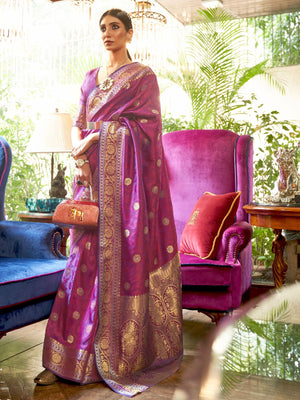 Rajwada Purple Woven Design Silk Blend Saree With Unstitched Blouse For Women