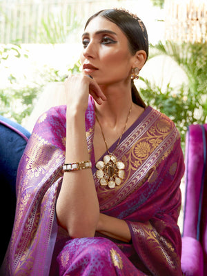Rajwada Purple Woven Design Silk Blend Saree With Unstitched Blouse For Women
