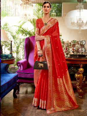 Rajwada Red Woven Design Silk Blend Saree With Unstitched Blouse For Women