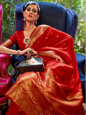 Rajwada Red Woven Design Silk Blend Saree With Unstitched Blouse For Women