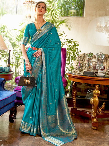 Rajwada Blue Woven Design Silk Blend Saree With Unstitched Blouse For Women
