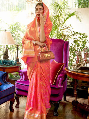 Rajwada Orange Woven Design Silk Blend Saree With Unstitched Blouse For Women