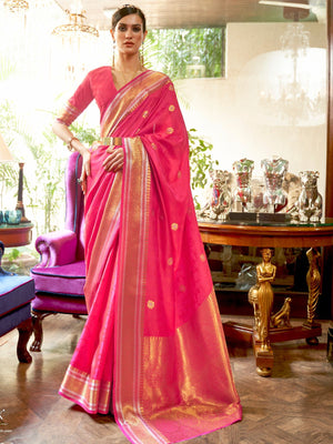 Rajwada Pink Woven Design Silk Blend Saree With Unstitched Blouse For Women