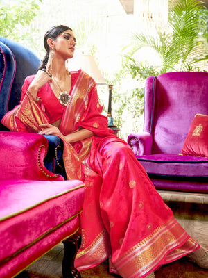 Rajwada Pink Woven Design Silk Blend Saree With Unstitched Blouse For Women
