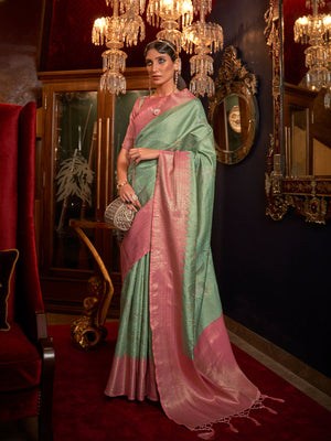 Rajwada Women Festive Green Silk Blend Woven Saree With Unstitched Blouse